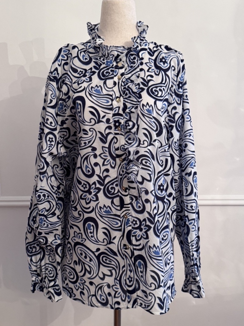 Talbots Navy Paisley Ruffle Blouse XL Cotton Button Down Long Sleeve